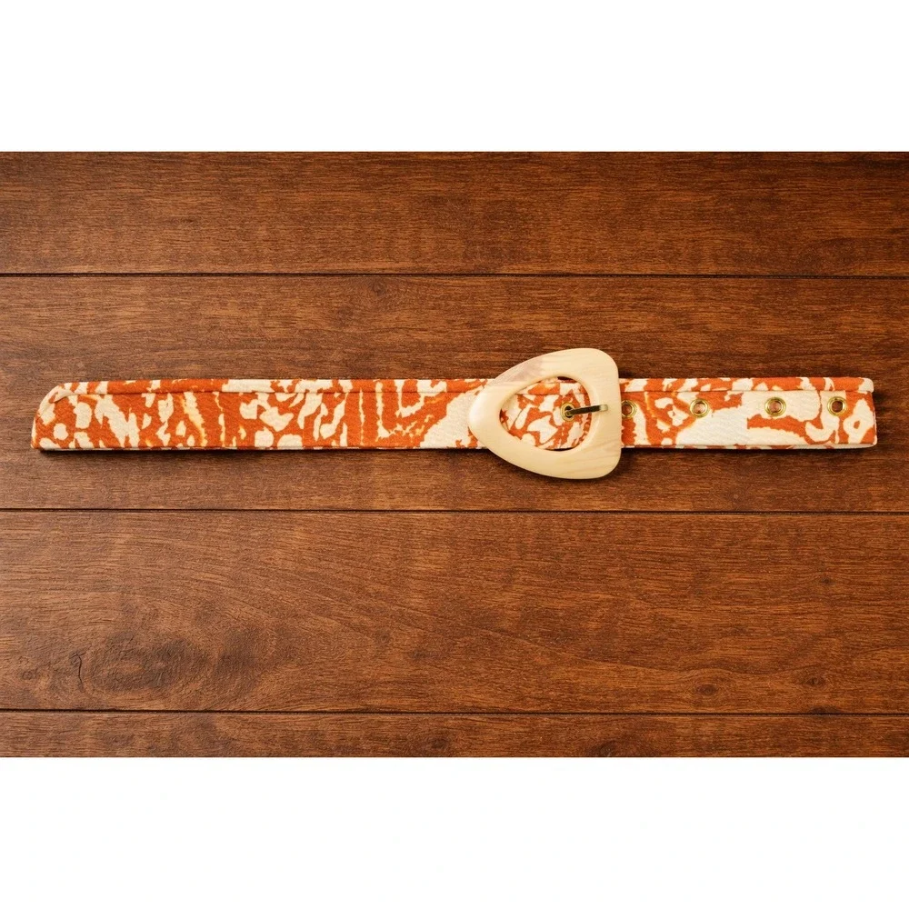 Vintage Abstract Print Fabric Belt Orange Cream ivory buckle Boho 22-28